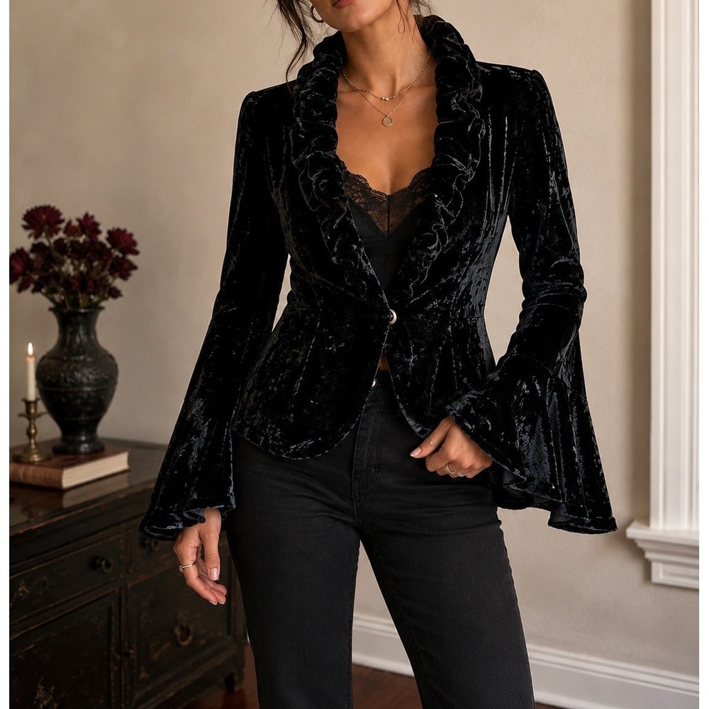 Lafayette 148 Velvet Blazer 2 Y2K Whimsygoth Ruffle Bell Sleeve Silk Blend